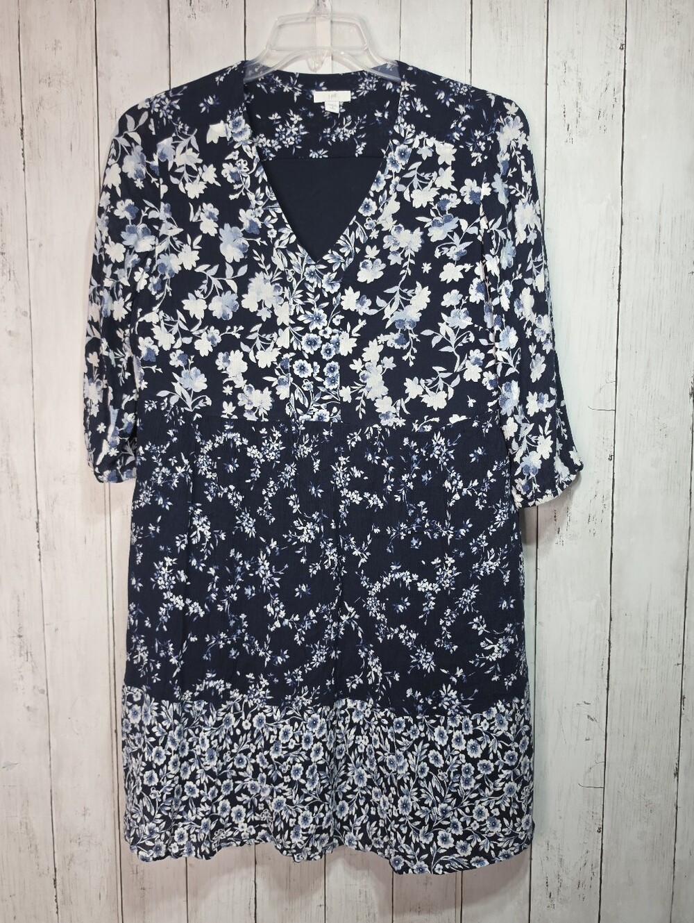 J. Jill Blue Floral Mixed Print Tiered Crinkle Dress Pockets Size Medium Petite.